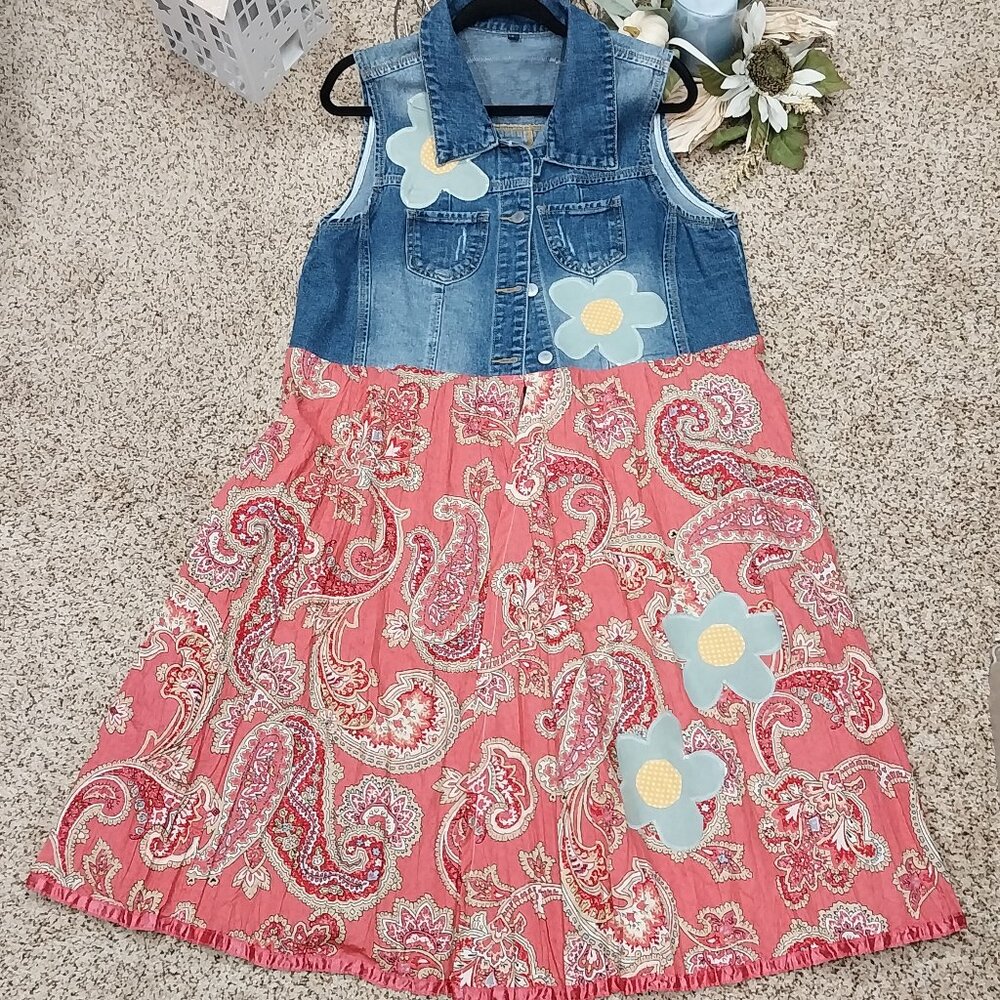 3532 Size XLarge Upcycled Jean Vest with Appliqued Flowers in Gold and Green.